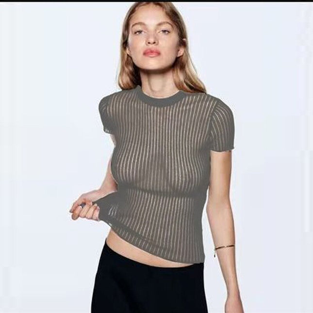Elegante Mode gestreift gestrickt durchsichtige Damen-Oberteile Outfits Sommer Kurzarm Rundhals-Oberteile Streetwear