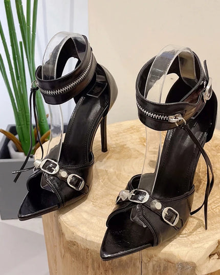 Elegant Pink High Heel Strap Sandals with Metal Rivet Buckle for Women's Wedding and Prom