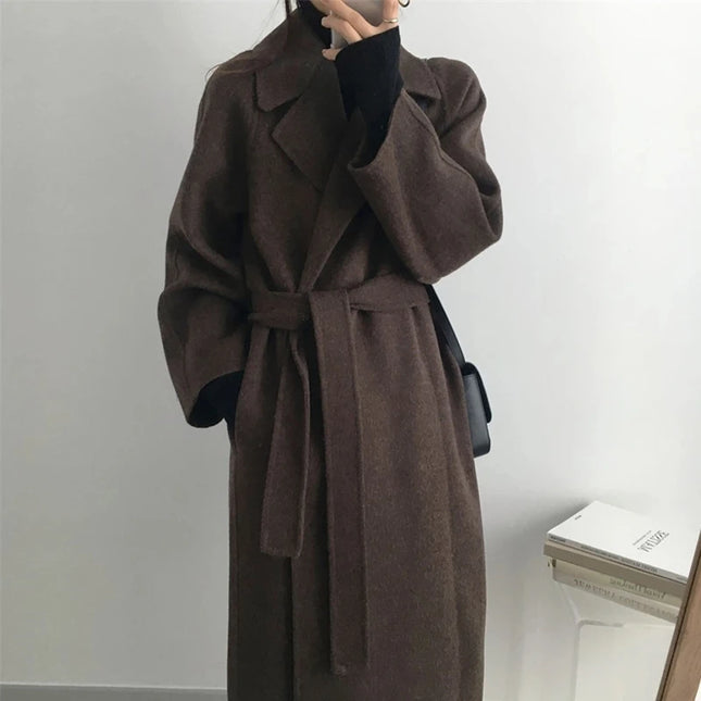 Damen Herbst Winter Eleganter Wollmantel Freizeit Locker Uni Vintage Übermantel mit Gürtel Damen Mode Warme Oberbekleidung Kleidung