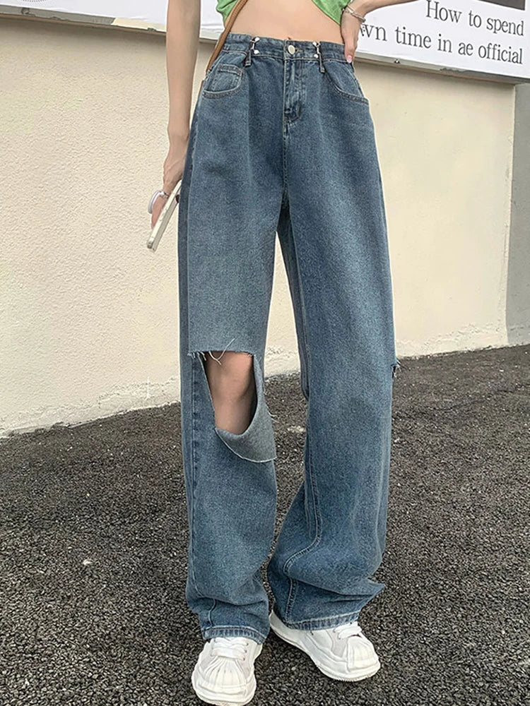 Spring Style: Women's High Waisted Straight Denim Pants in Blue