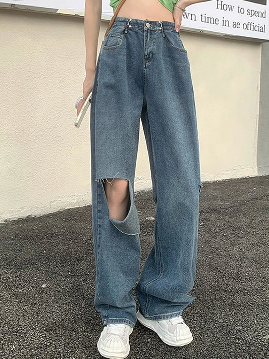Spring Style: Women's High Waisted Straight Denim Pants in Blue