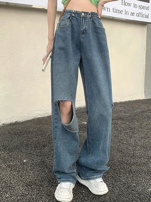 Spring Style: Women's High Waisted Straight Denim Pants in Blue