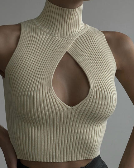 Elegantes, sexy Cut-Out-Top für Damen, modisches, ärmelloses, gestricktes, kurzes Tanktop, Rollkragen, Club, Party, Sommerkleidung