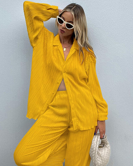 Autumn Pleated Women's Sets Top and Pants Casual Fashion Outfits Two Piece Set Loose Button Up Shirts Matching Set