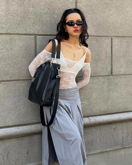 Sexy schulterfreie Langarm-Bodys für Damen, elegante Spitzen-Tops, transparenter, hoch geschnittener Einteiler