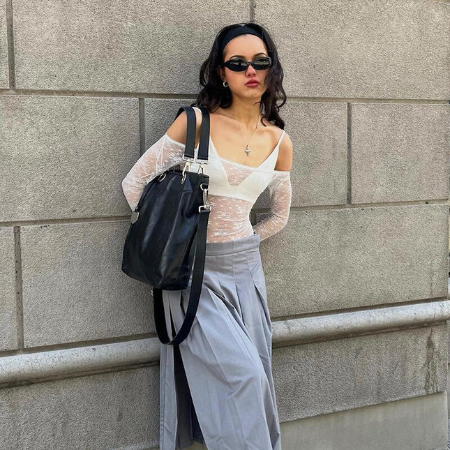 Sexy schulterfreie Langarm-Bodys für Damen, elegante Spitzen-Tops, transparenter, hoch geschnittener Einteiler