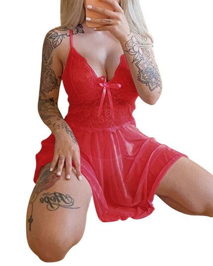 Sexy See-Through Lace Women's Nightdress Deep V-Neck Mesh Sleeveless Pajamas Sexy Sling Nightgown Homewear Women Mini Nightdress