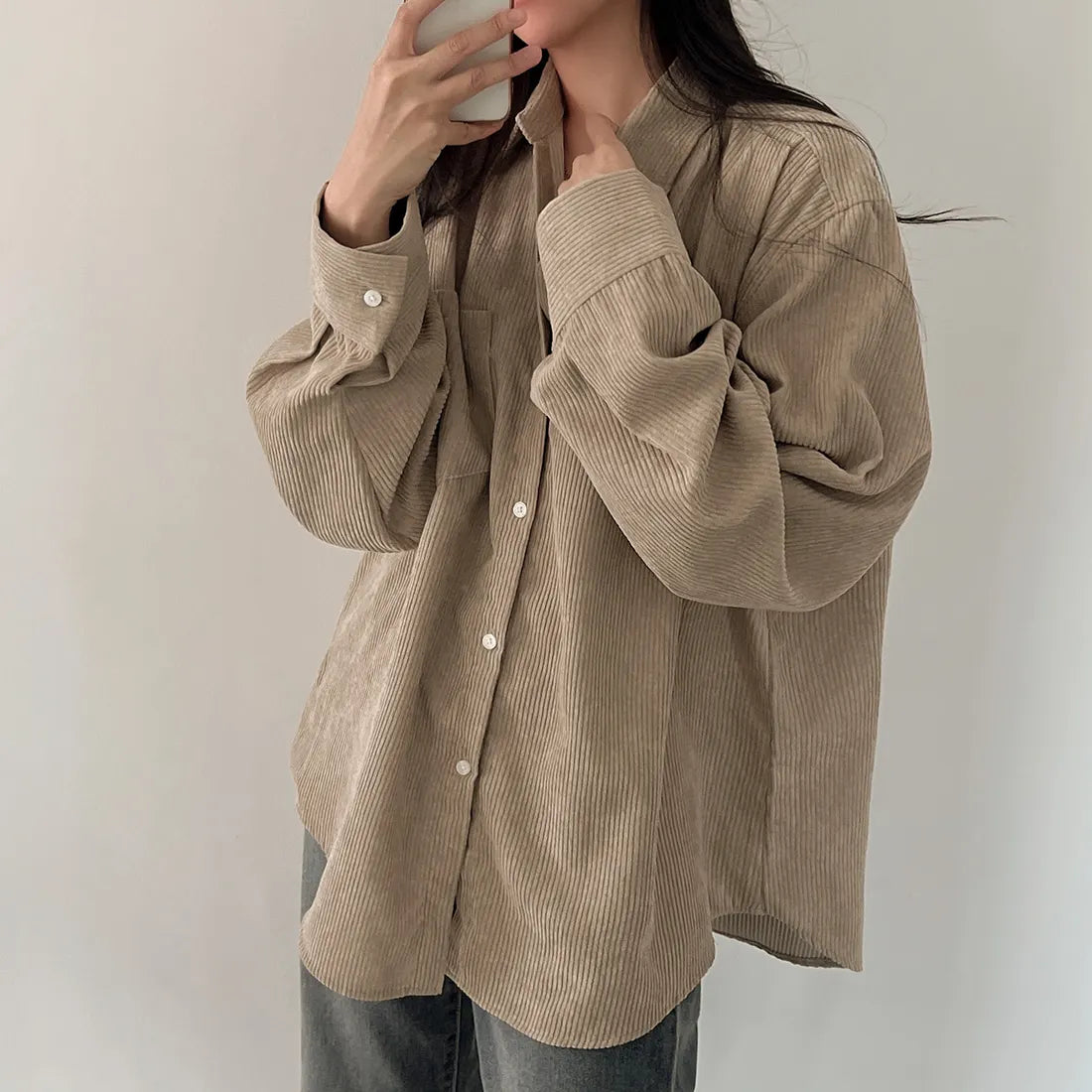 Corduroy Blouse Women Shirts Button Up Shirt Coat Long Sleeve Tops Korean Fashion Turn-Down Collar Casual Basic Clothes