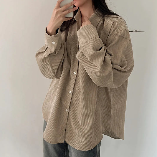 Corduroy Blouse Women Shirts Button Up Shirt Coat Long Sleeve Tops Korean Fashion Turn-Down Collar Casual Basic Clothes