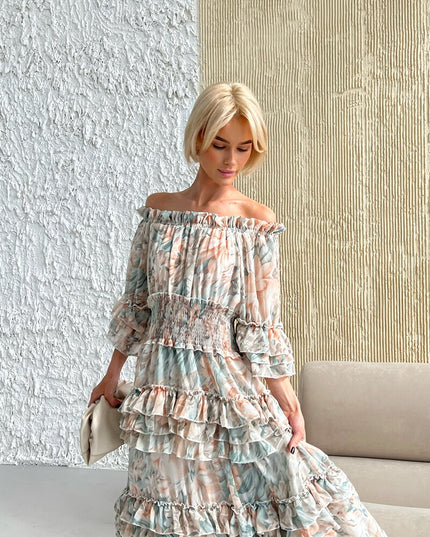 Chiffong Blommiga Volanger Plisserade Långklänningar för Kvinnor Eleganta Damers Sommar Strandklänning Långärmade Blommiga Maxiklänningar för Kvinnor