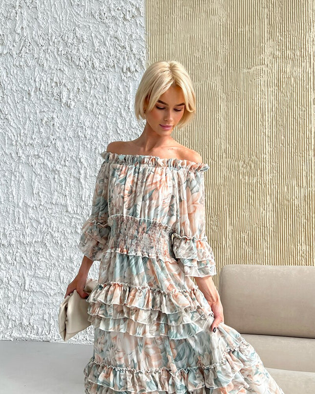 Chiffon Floral Rüschen Plissee Damen Lange Kleider Elegante Damen Sommer Strandkleid Langarm Blumen Maxikleider für Frauen