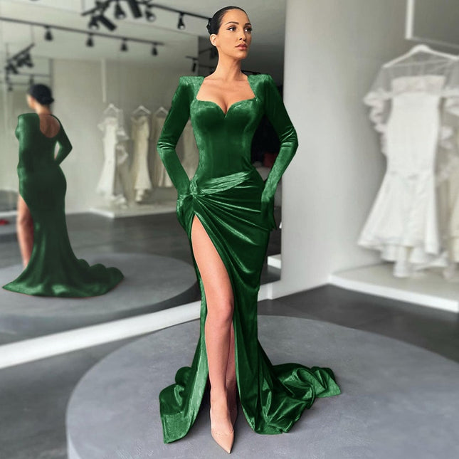 Elegantes Abendkleid Langarm Samt Schlitz Maxi-Kleid Geraffte Kleider für Damen Abend-Club-Outfits mit Handschuhen