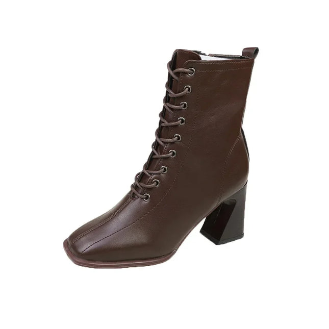 Eleganta viktorianska ankelboots för kvinnor med fyrkantig tå och klack, dragkedja och snörning