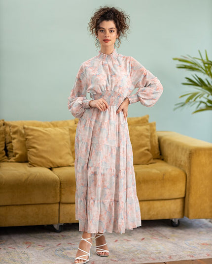Boho Long Sleeve Chiffon Summer Party Dresses Pink Yellow Blue Purple Floral High Waist Ruffle Maxi Long Dresses For Women