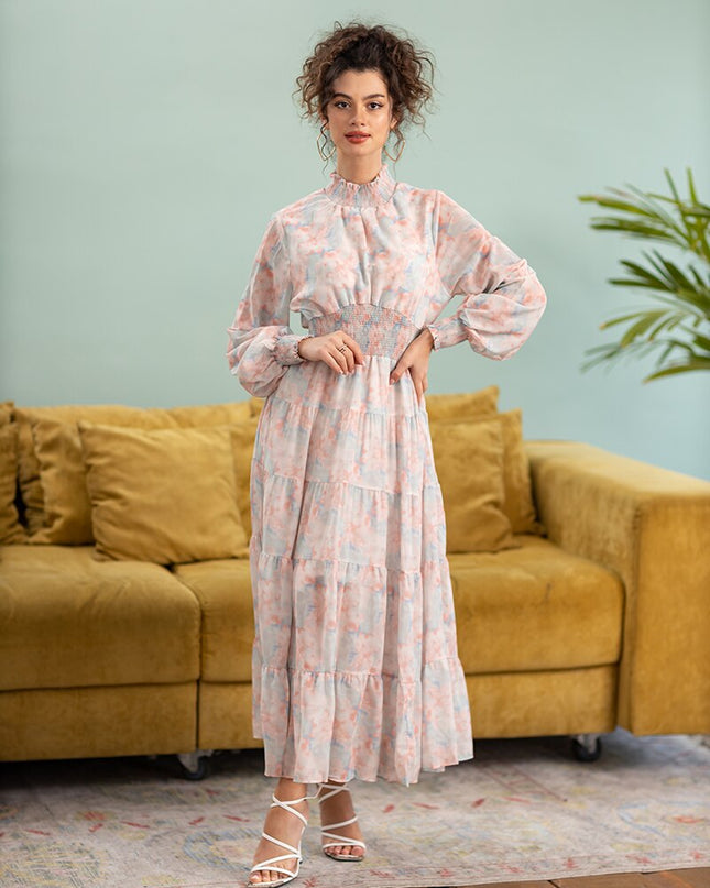Boho Long Sleeve Chiffon Summer Party Dresses Pink Yellow Blue Purple Floral High Waist Ruffle Maxi Long Dresses For Women