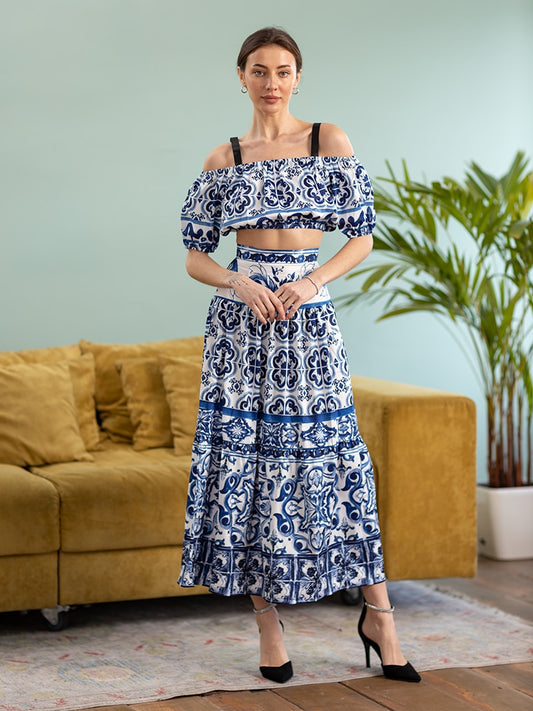 Blue White Chiffon 2 Piece Set Skirt and Top Elegant Two Piece Skirt Set Women Sexy Beach Summer Vacation Outfit For Women