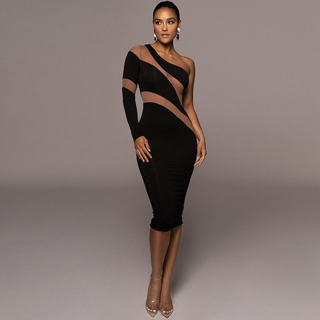 Damen One-Shoulder-Mesh-Kleid transparent Langarm Midi Elegant Party Club Cut Out Bodycon Kleid Vestido
