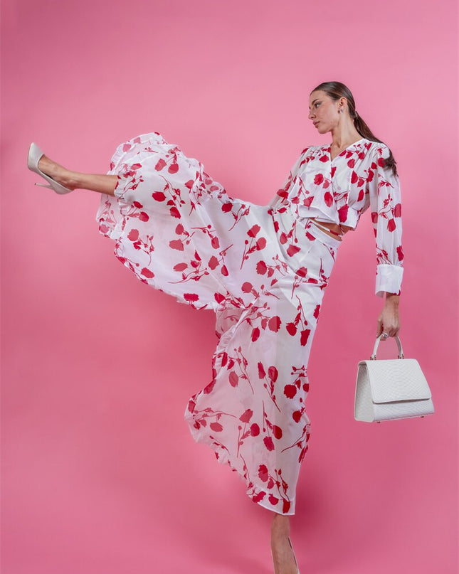 Black White Two Piece Skirt and Top Set Women Long Sleeve Chiffon Floral Dress Sets Skirt Sets Women 2 Piece Outfits Summer 2023