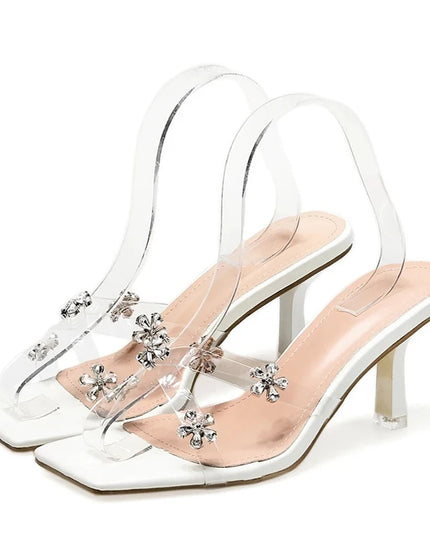 Elegant White and Pink High Heel Sandals with Crystal Flowers and Transparent PVC Material