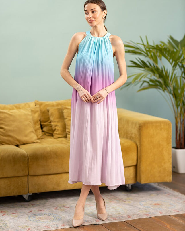 Regenbogen-Farbverlauf Lange plissierte Kleider Trägerlos Ärmellos Chiffon Nachtkleid Damen Sexy Party Sommer Strand Maxikleider Für Frauen