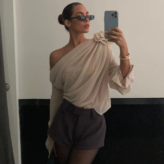 Elegant Floral Mesh Chiffon Cropped Top - See Through Pullover for Women