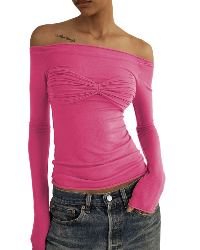 Elegante schulterfreie geraffte Strickoberteile für Damen, modische Frühling-Sommer-Langarm-Club-Party-Unifarben-T-Shirt-Kleidung