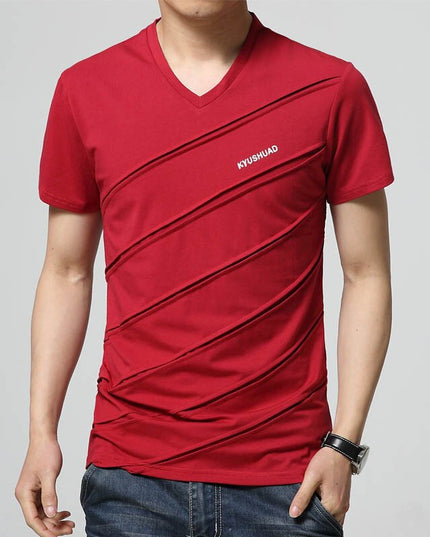 New Summer T Shirt Men Patch Mens T-shirt Casual V Neck T-shirt Slim Tee Shirt Hommes Design Solid Color Short Sleeve Shirt