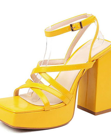 Women Sandals Square Toe Chunky Heel 13cm Platfrom 3cm Ankle Buckle Strap Plus Size