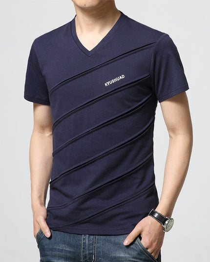New Summer T Shirt Men Patch Mens T-shirt Casual V Neck T-shirt Slim Tee Shirt Hommes Design Solid Color Short Sleeve Shirt