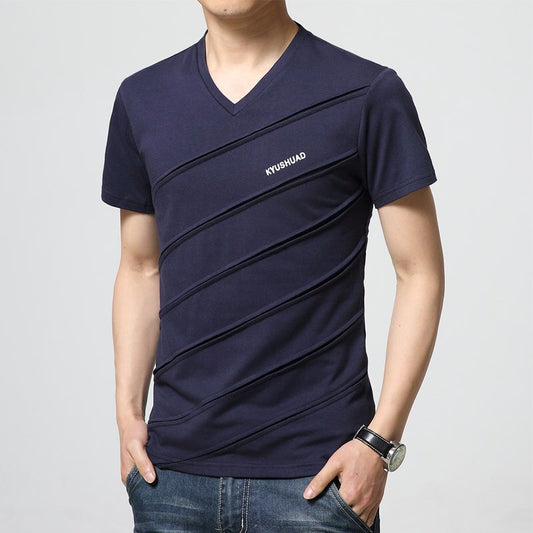 New Summer T Shirt Men Patch Mens T-shirt Casual V Neck T-shirt Slim Tee Shirt Hommes Design Solid Color Short Sleeve Shirt
