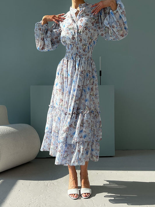 Floral Chiffon Pleated Women Dresses Blue Black Long Sleeve Summer Beach Dress Elegant Evening Party Maxi Dresses For Women