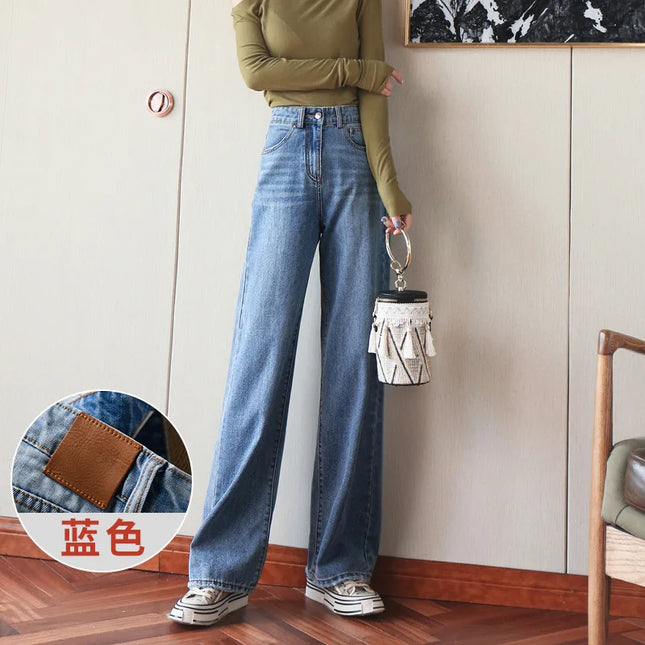 Blue Jeans Woman Denim Pants High Waisted Wide Leg Korean Fashion Trousers Office Lady Spring Chic Straight Jeans