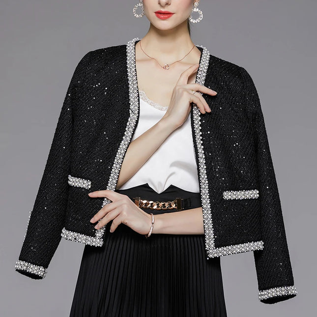 Elegante schwarze Tweed-Cropped-Jacke mit Vintage-Design und luxuriösen Verzierungen für Damen