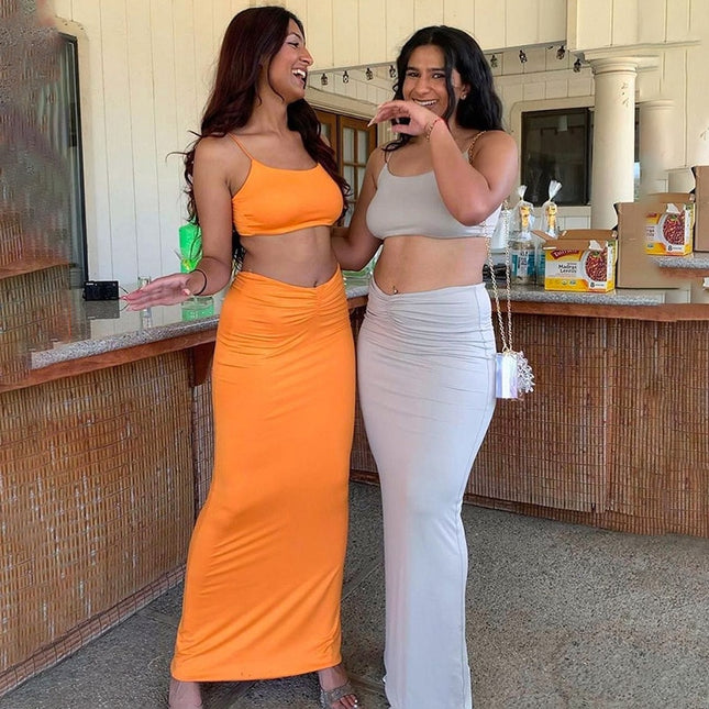 Sexy Rückenloses Einfarbiges Modisches Elegantes Kleid Set Gerafftes 2-Teiler Set Bodycon Club Party Co-Ord Sets Sommerkleidung