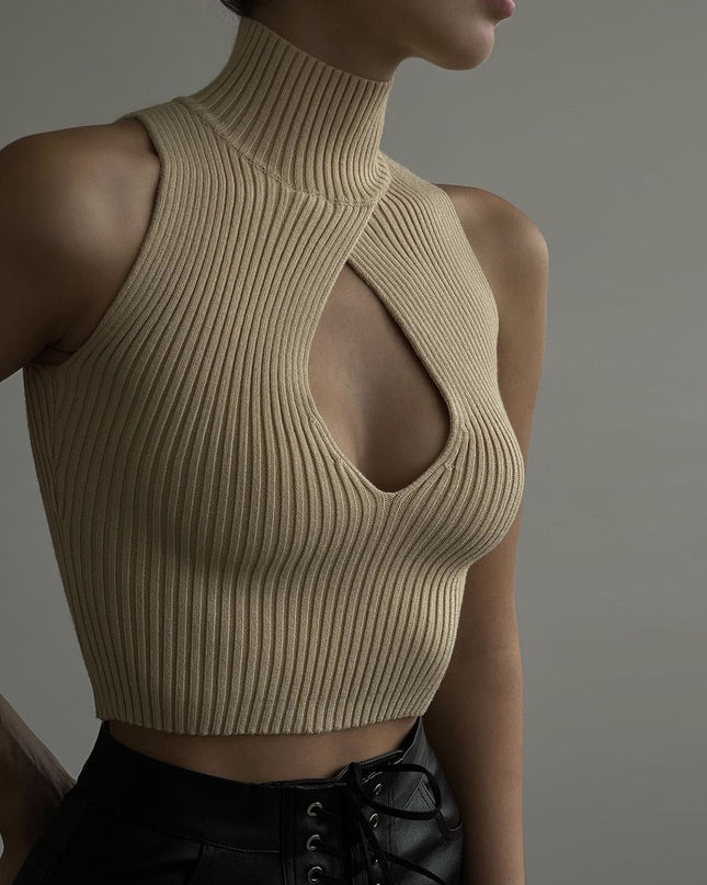Elegantes, sexy Cut-Out-Top für Damen, modisches, ärmelloses, gestricktes, kurzes Tanktop, Rollkragen, Club, Party, Sommerkleidung