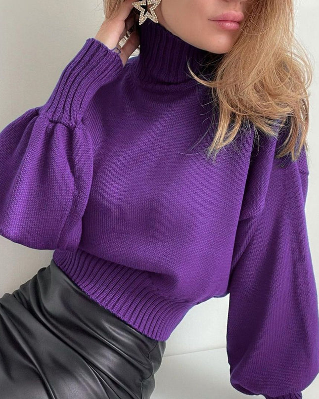 Fall Winter Knitted Puff Sleeve Sweaters for Women Pullovers Turtleneck Sweater Top Casual Fashion Outfits Clothes
