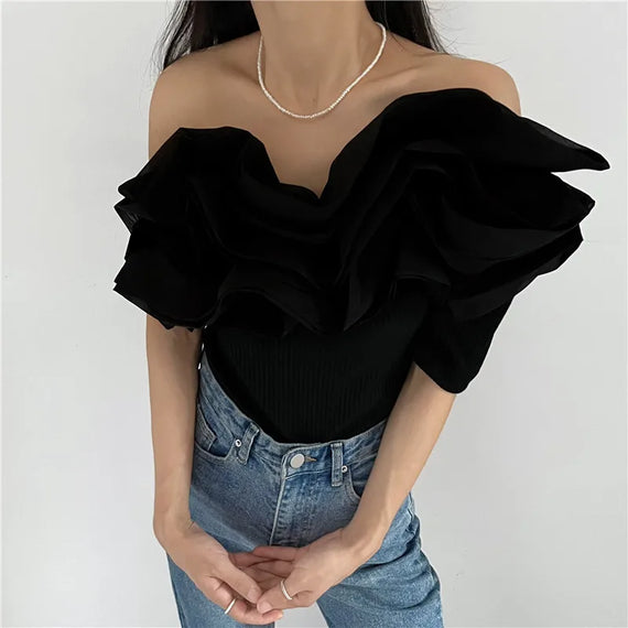 Women Tops Knitted Slash Neck Short Sleeve Black Off The Shoulder Backless Slim Shirt Summer French High Street