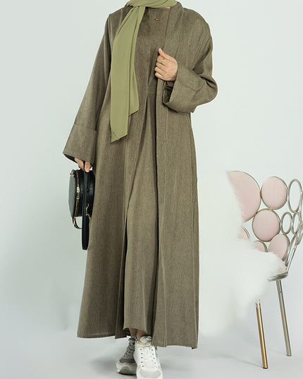 Elegant and Versatile: Two-Piece Djellaba Abaya Set with Belt for Muslim Women in Dubai