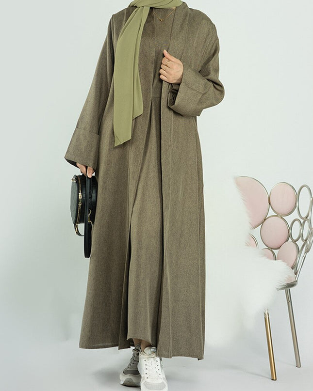 Elegant and Versatile: Two-Piece Djellaba Abaya Set with Belt for Muslim Women in Dubai