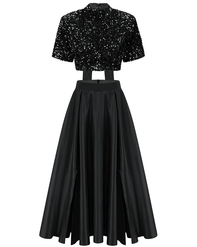 Elegant Two Piece Sets For Women Short Sleeve Bowknot Spliced Sequins Tops High Waist Midi Skirt