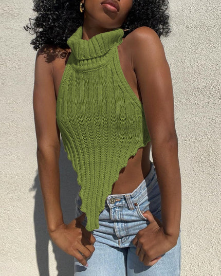 Fashion Knitted Turtleneck Crop Tops for Women Summer Sexy Sleeveless Backless Tanks Cropped Party Club Clothes