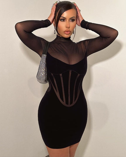 Mesh See Through Sexy Corset Mini Dress for Women Fashion Outfits Club Party Long Sleeve Women's Dresses Bodycon