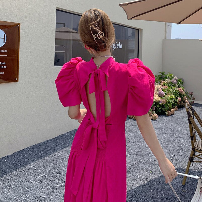 Pink rückenfreies, sexy langes Kleid, koreanische Mode, Midi-Bandage, Strandkleid, kurze Ärmel, Sommer-Maxi-Partykleider für Damen
