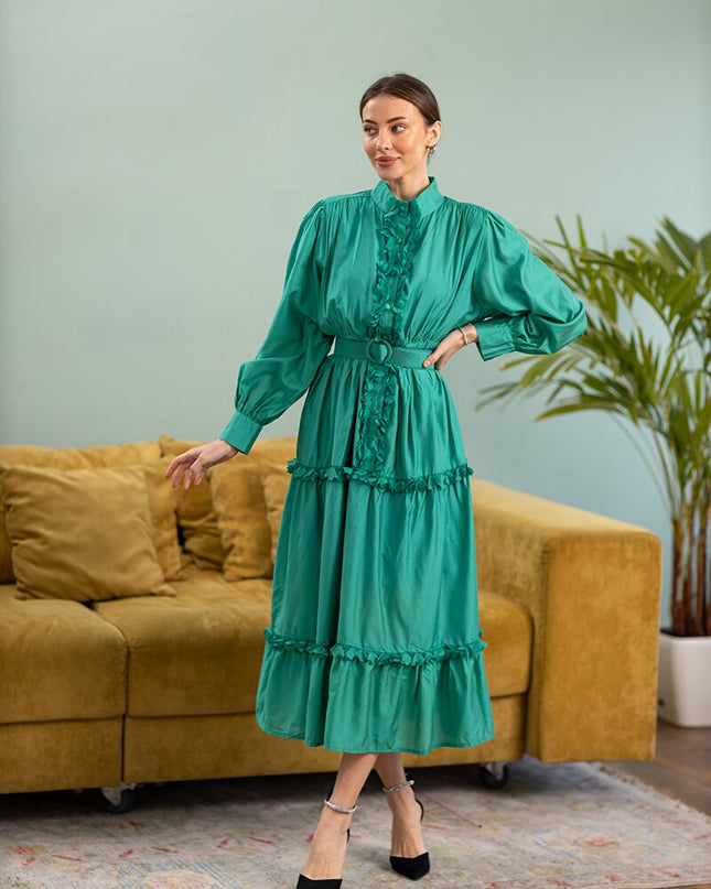 Elegante Damen Lange Plissierte Abendkleid Weiß Pink Blau Grün Chiffon Langarm Sommerkleid mit Gürtel für Frauen
