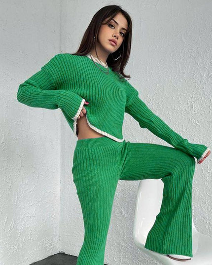 Fashion Knit Sweaters 2 Piece Sets Elegant Outfits for Women Casual Top and Pants Slit Sets Matching Sets Clothes