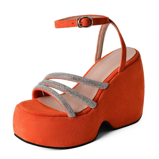 Ladies Sandals Wedges Flock Platform Hill 5cm Ankle Buckle Strap