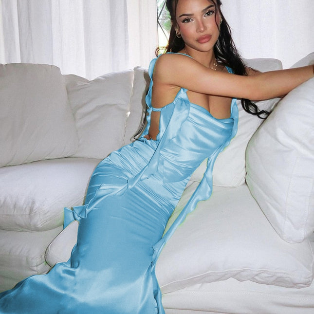 Ribbon Sexig Rygglös Sommar Maxiklänning Modeoutfits Elegant Ärmlös Festklänning Klubb Klänningar med Slits
