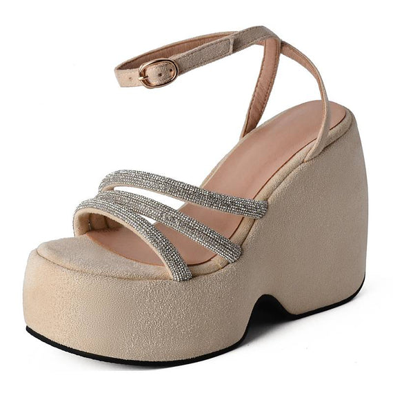Ladies Sandals Wedges Flock Platform Hill 5cm Ankle Buckle Strap