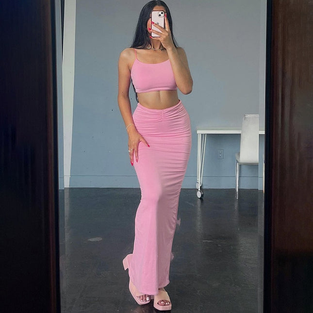 Sexy Rückenloses Einfarbiges Modisches Elegantes Kleid Set Gerafftes 2-Teiler Set Bodycon Club Party Co-Ord Sets Sommerkleidung