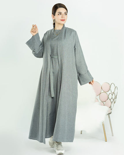 Elegant and Versatile: Two-Piece Djellaba Abaya Set with Belt for Muslim Women in Dubai